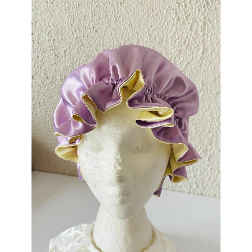 Reversible Satin Sleep Bonnet Hat – Purple & Yellow – Extra Large, Elastic Fit - Picture 4 of 16